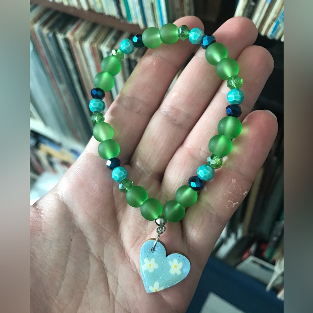 Handmade Green Beaded Bracelet with Blue Heart Charm